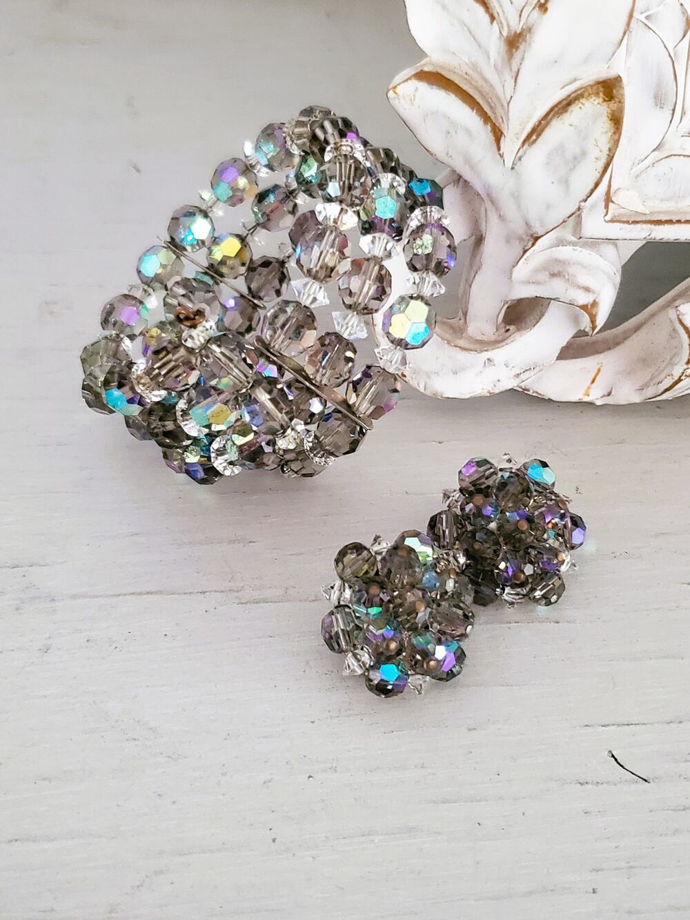 Vintage Smokey Crystal Bracelet and Earring Jewelry Set